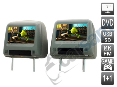 Комплект подголовников с монитором и DVD 7" серые Avis